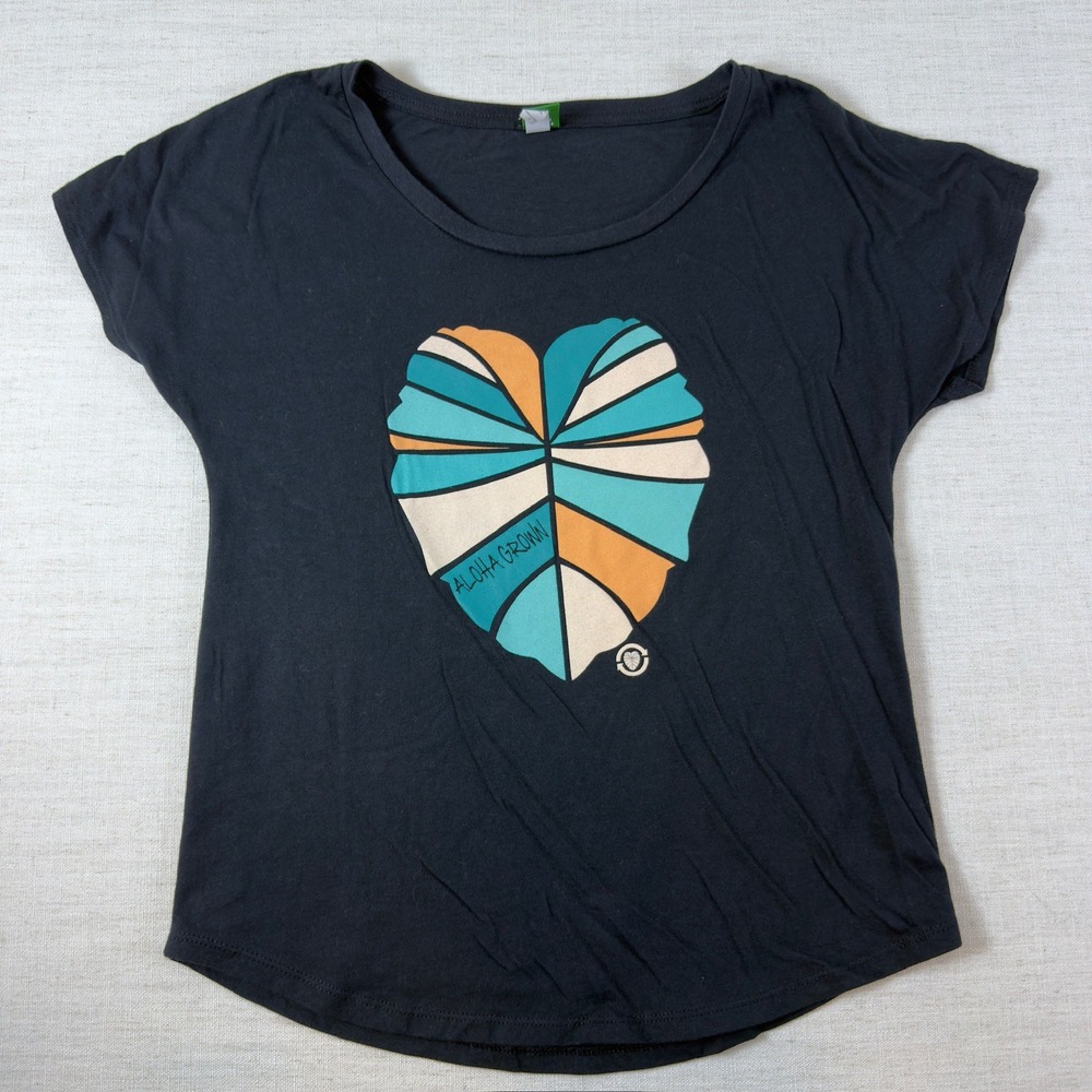 Aloha Grown Black Graphic Tee Taro Leaf Heart Scoop Neck Shirt Small
